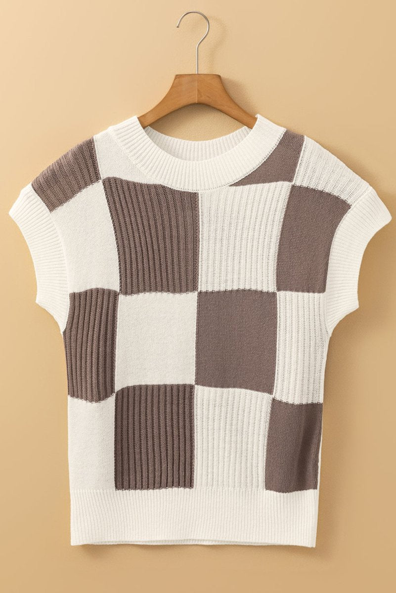 Khaki Checkered Color Block Crew Neck Short Sleeve Sweater - Love Salve