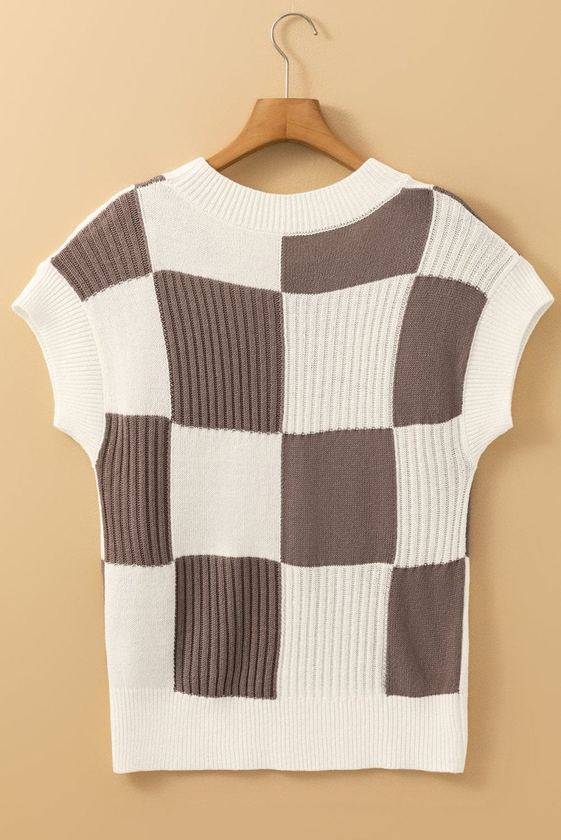 Khaki Checkered Color Block Crew Neck Short Sleeve Sweater - Love Salve