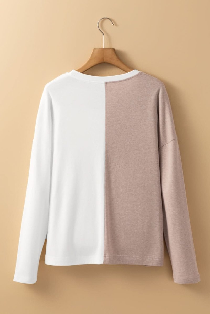 Khaki Colorblock Casual Long Sleeve Top - Love Salve
