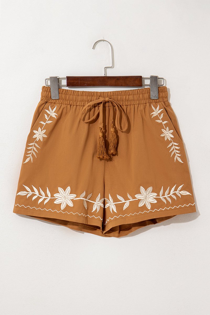 Khaki Embroidered Boho Tasseled Drawstring Elastic Waist Shorts - Love Salve