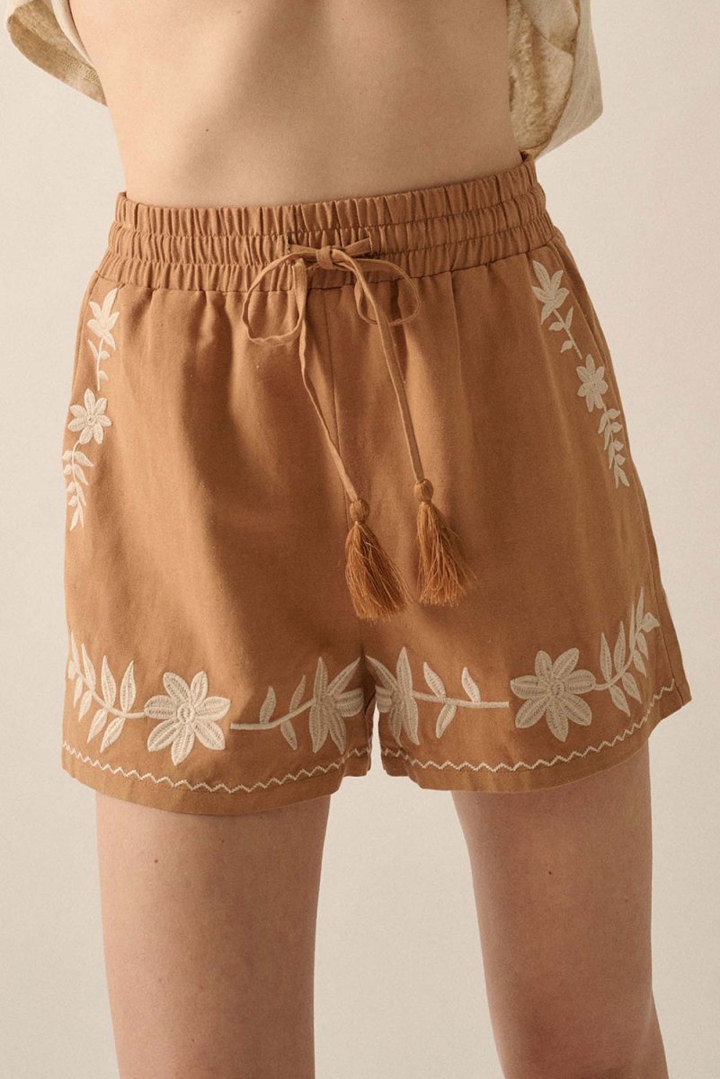 Khaki Embroidered Boho Tasseled Drawstring Elastic Waist Shorts - Love Salve