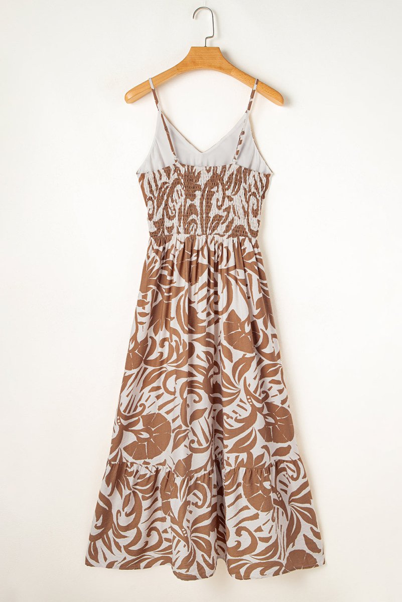 Khaki Floral Shirred High Waist Spaghetti Straps Maxi Dress - Love Salve