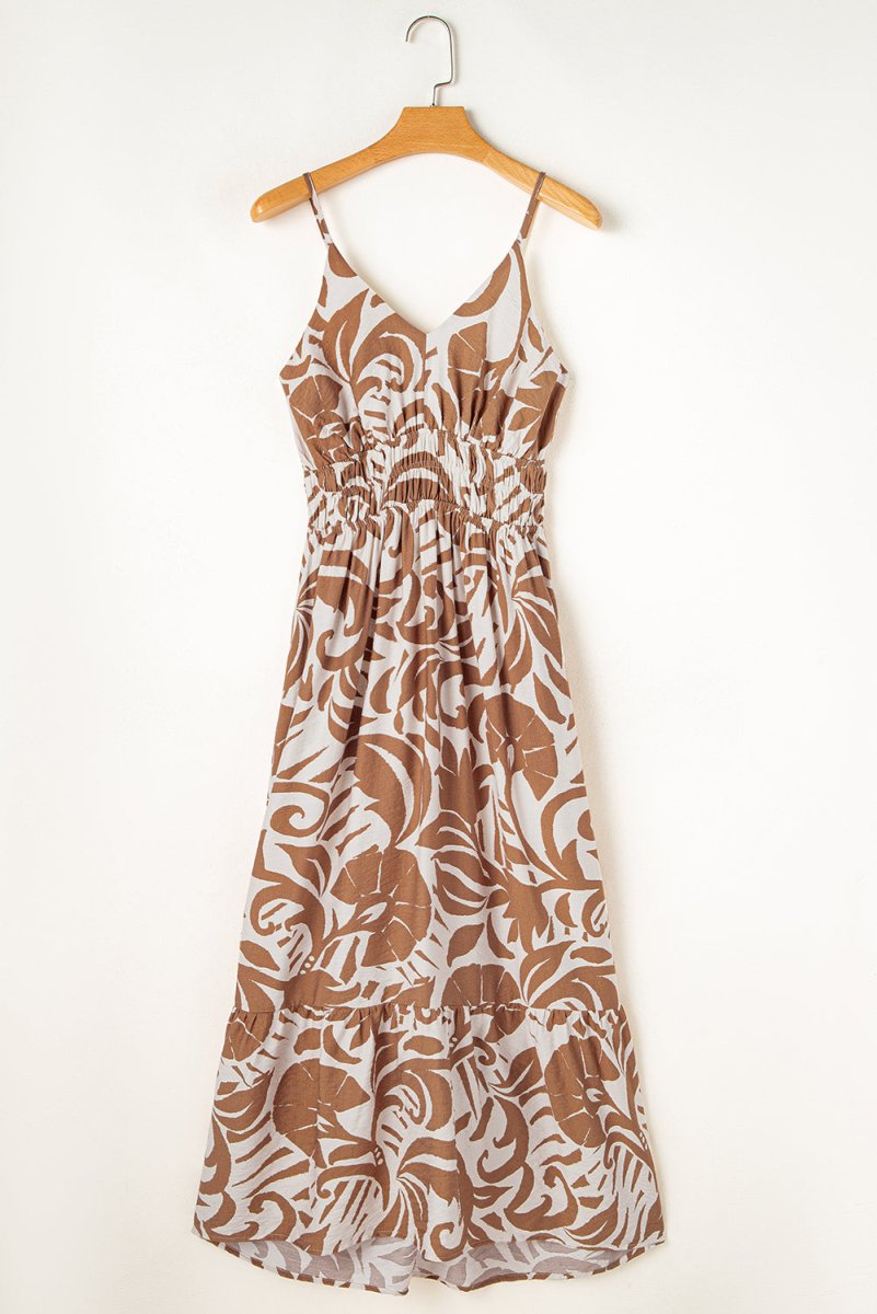Khaki Floral Shirred High Waist Spaghetti Straps Maxi Dress - Love Salve