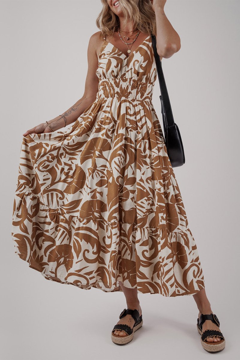 Khaki Floral Shirred High Waist Spaghetti Straps Maxi Dress - Love Salve