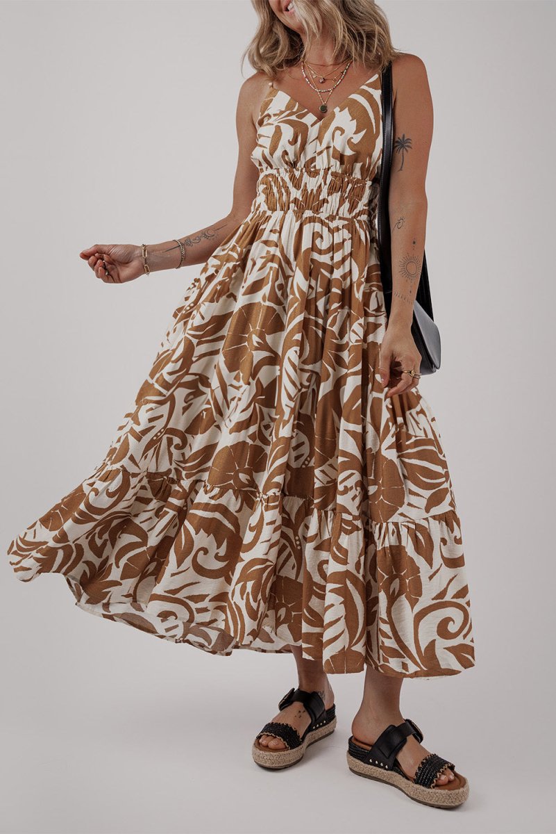 Khaki Floral Shirred High Waist Spaghetti Straps Maxi Dress - Love Salve