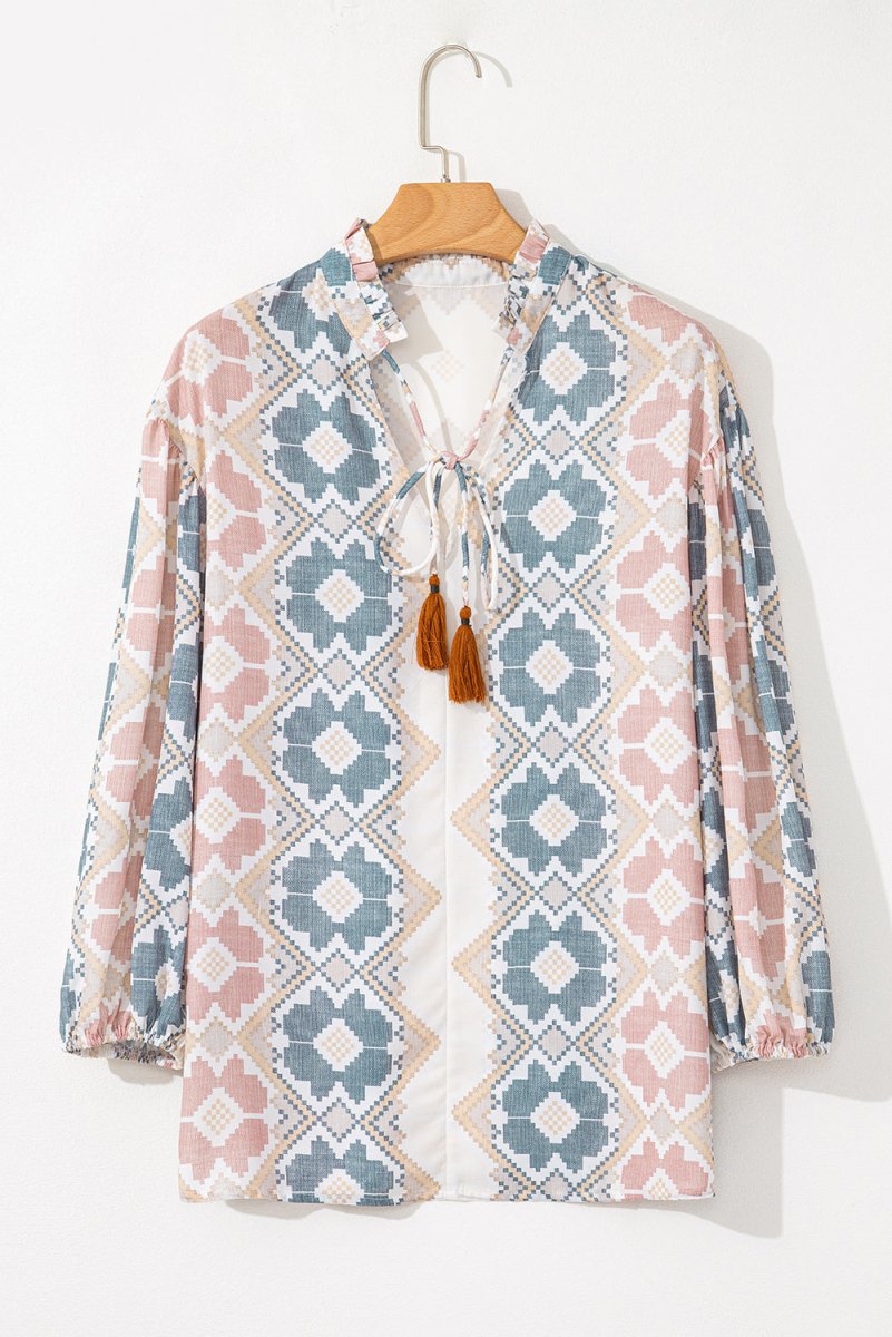 Khaki Geometric Print Tassel Tie Split Neck Balloon Sleeve Blouse - Love Salve