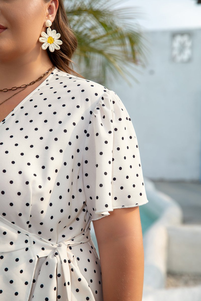 Khaki Polka Dot Surplice V Neck Tied Waist Midi Dress - Love Salve