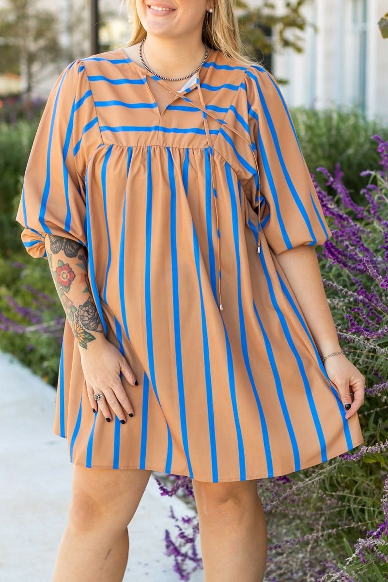 Khaki Stripe Contrast Striped Print 3/4 Sleeve Babydoll Plus Size Dress - Love Salve