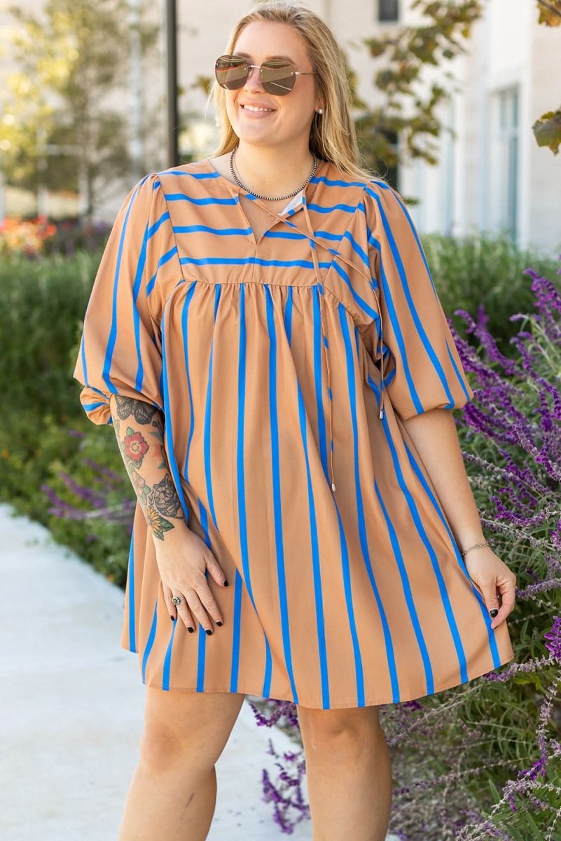 Khaki Stripe Contrast Striped Print 3/4 Sleeve Babydoll Plus Size Dress - Love Salve