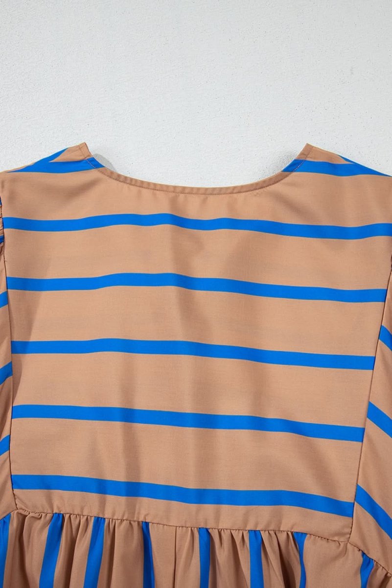 Khaki Stripe Contrast Striped Print 3/4 Sleeve Babydoll Plus Size Dress - Love Salve