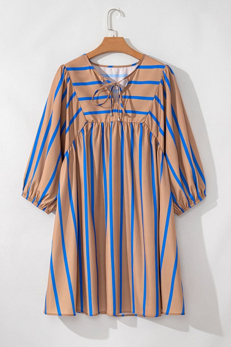 Khaki Stripe Contrast Striped Print 3/4 Sleeve Babydoll Plus Size Dress - Love Salve