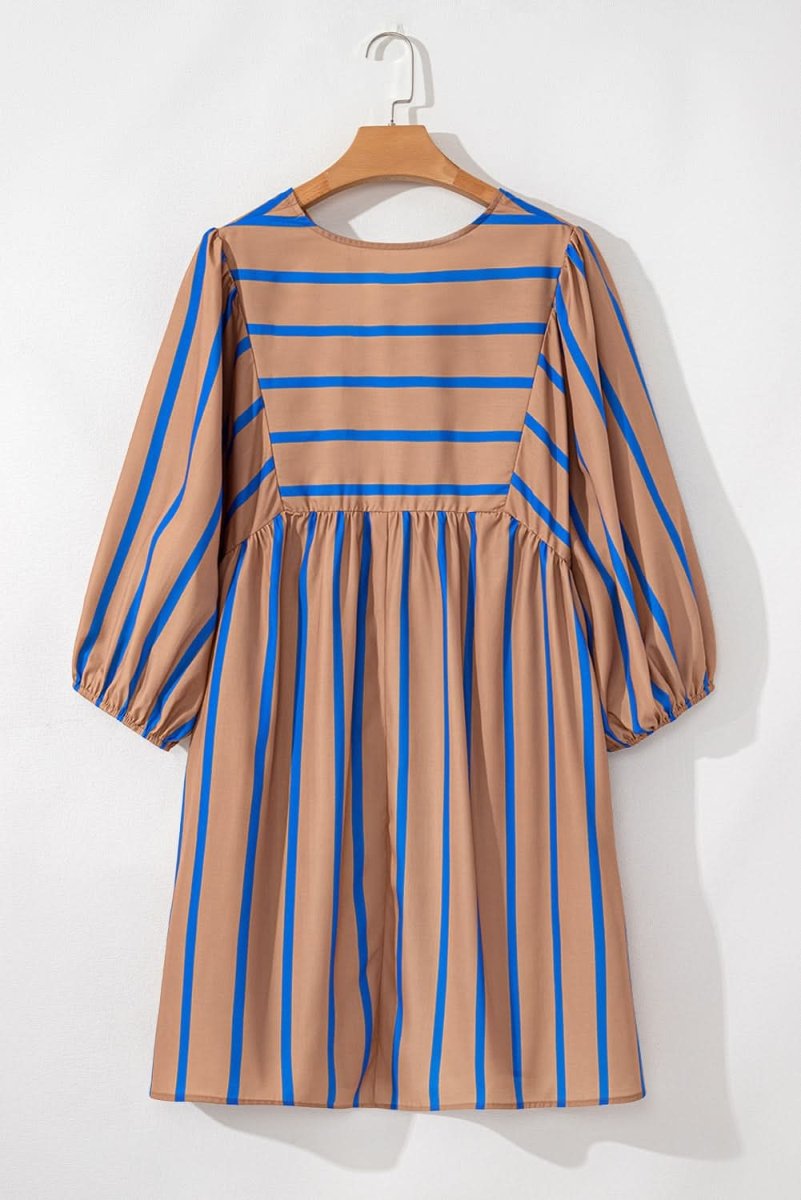Khaki Stripe Contrast Striped Print 3/4 Sleeve Babydoll Plus Size Dress - Love Salve