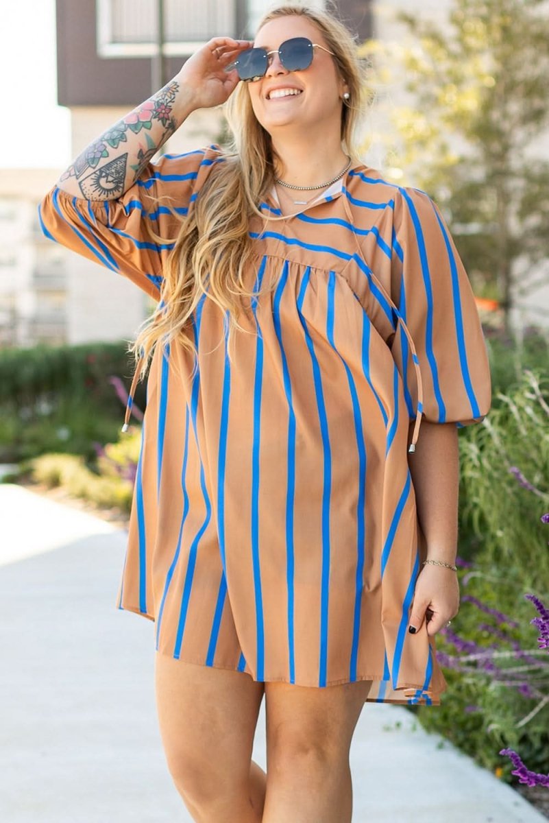 Khaki Stripe Contrast Striped Print 3/4 Sleeve Babydoll Plus Size Dress - Love Salve
