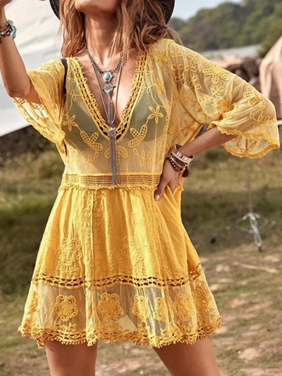 Lace Detail Plunge Cover-Up Dress for Stylish Beach Wear - Love Salve