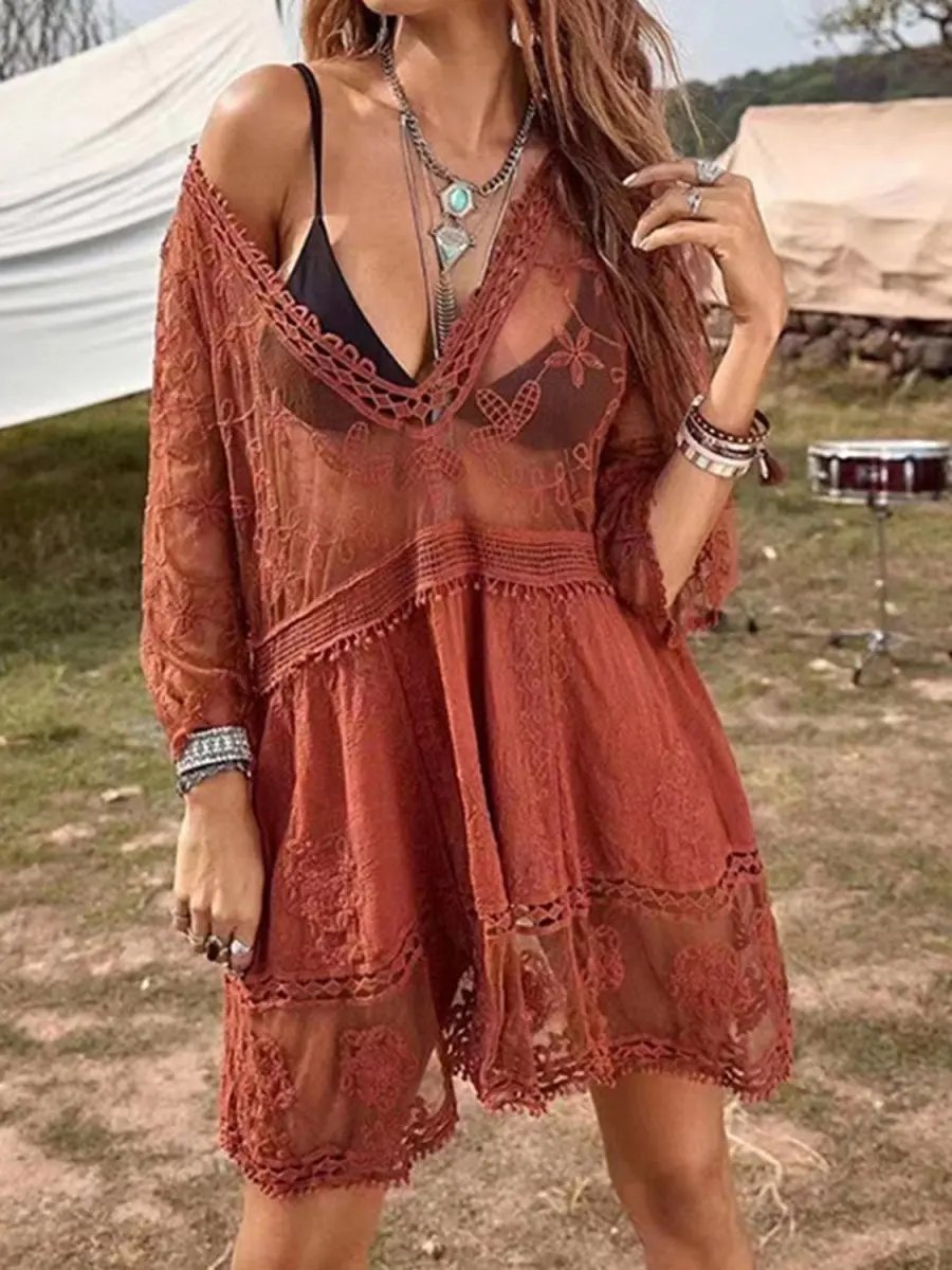 Lace Detail Plunge Cover-Up Dress for Stylish Beach Wear - Love Salve