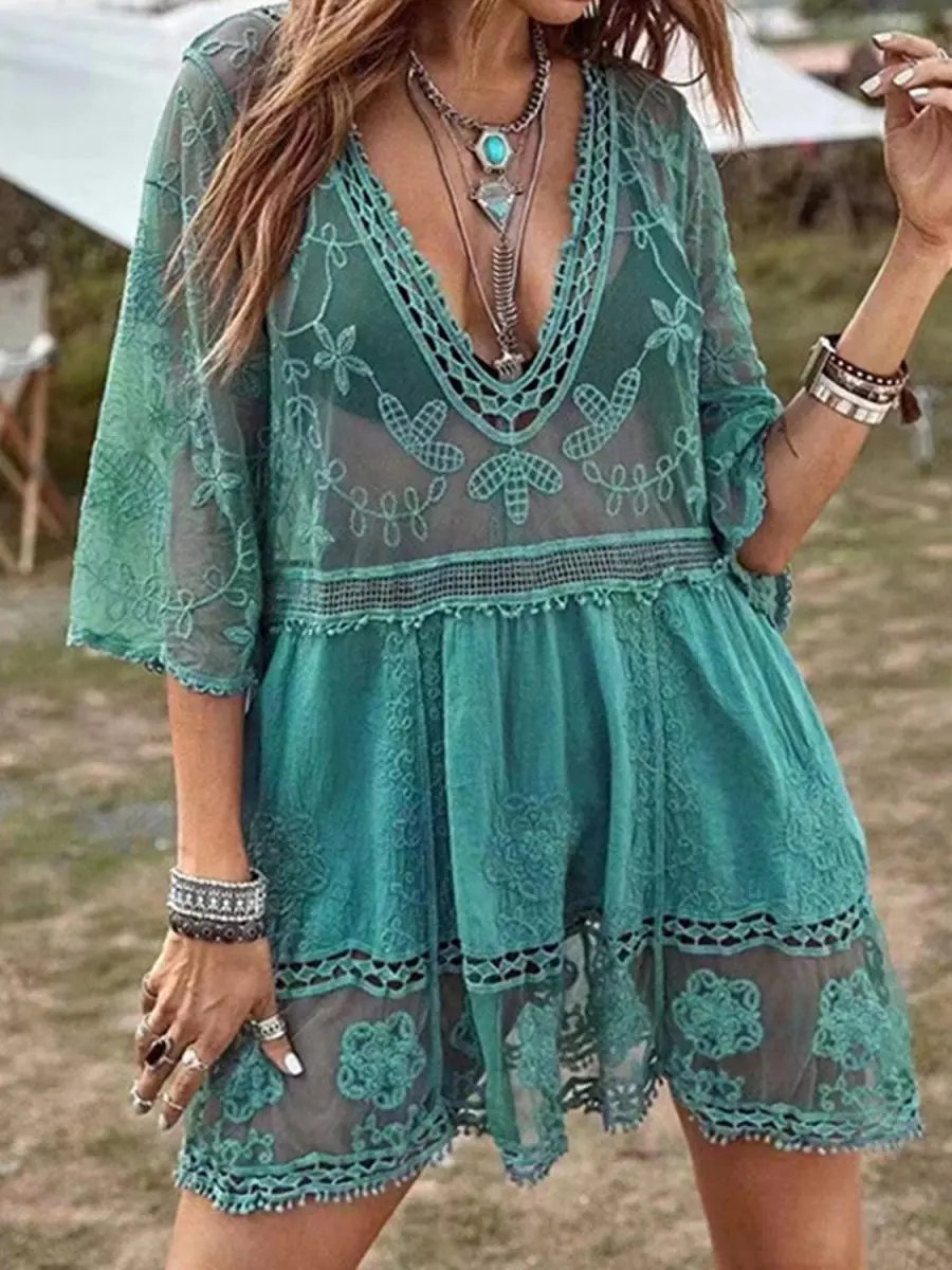 Lace Detail Plunge Cover-Up Dress for Stylish Beach Wear - Love Salve