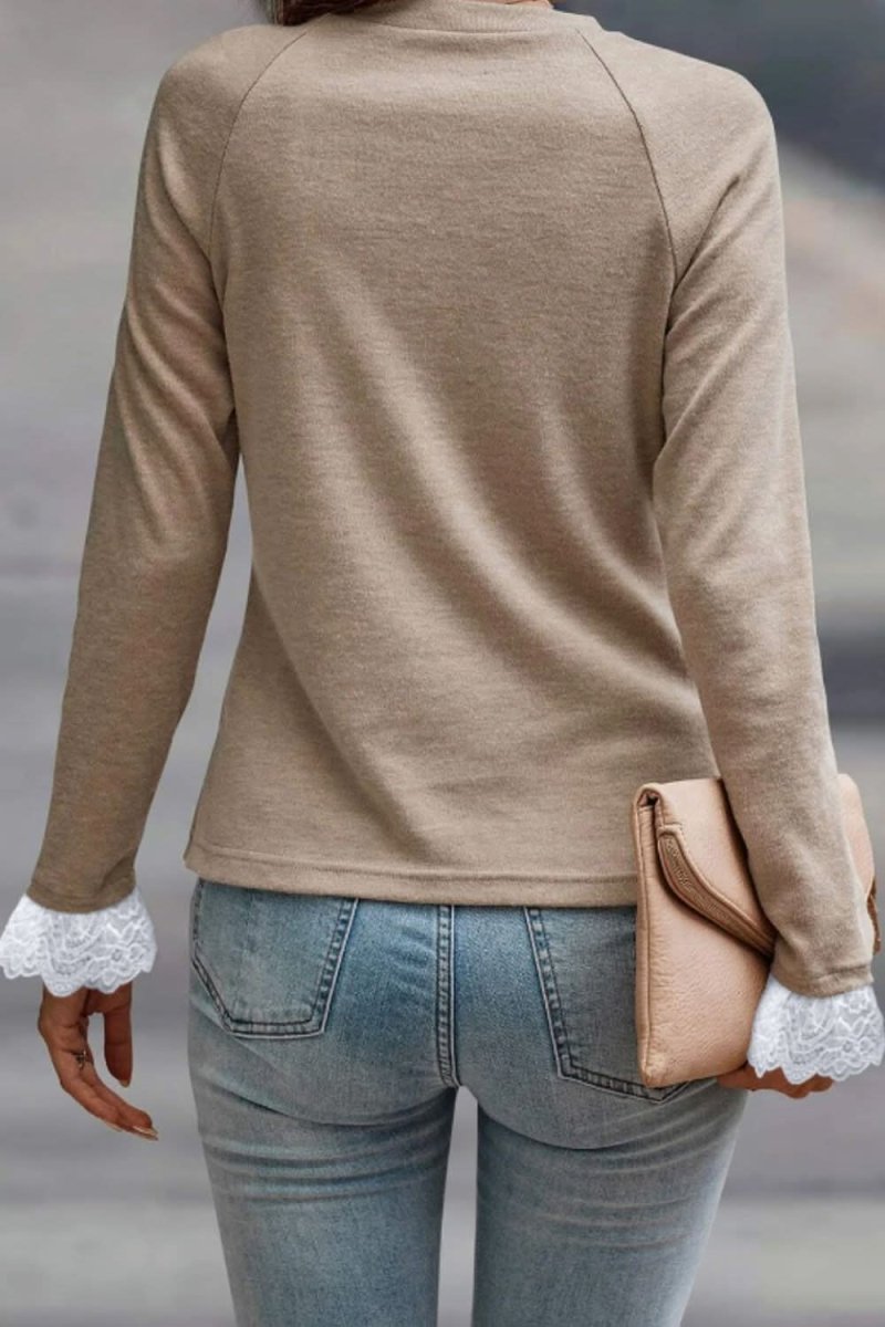 Lace Detail Round Neck Long Sleeve T-Shirt - Love Salve