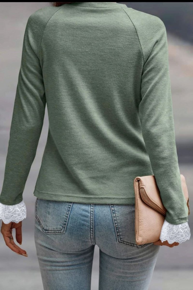 Lace Detail Round Neck Long Sleeve T-Shirt - Love Salve