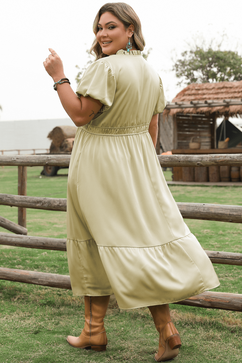 Laurel Green Puff Sleeve Plus Size Maxi Dress with Notched V Neck and Tiered Skirt - Love Salve