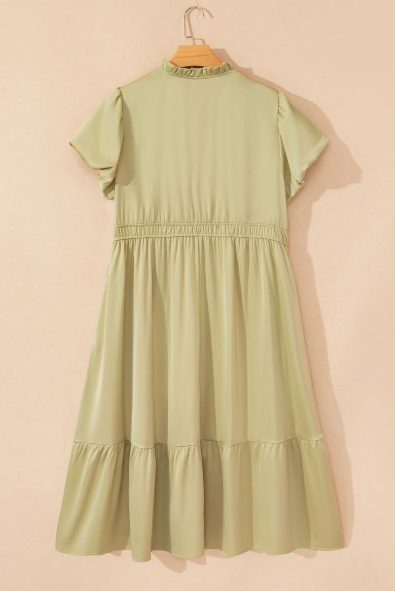 Laurel Green Puff Sleeve Plus Size Maxi Dress with Notched V Neck and Tiered Skirt - Love Salve
