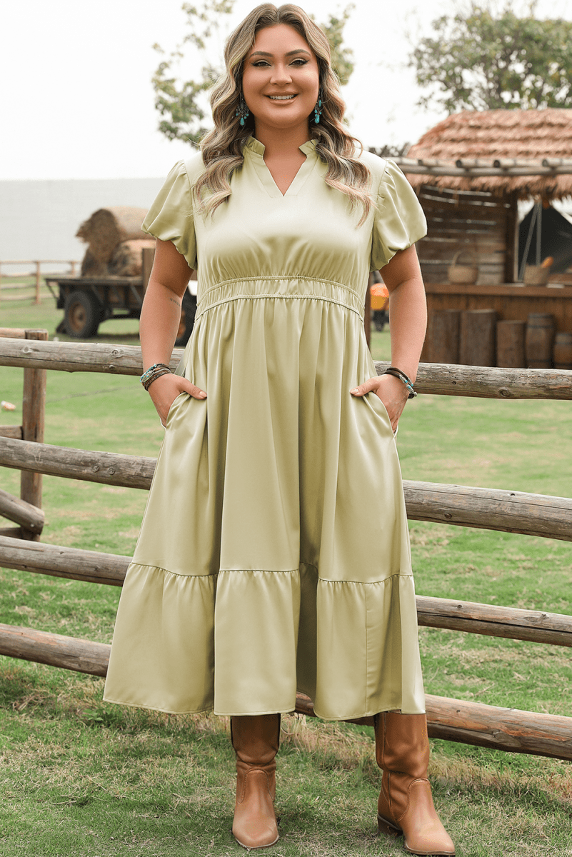 Laurel Green Puff Sleeve Plus Size Maxi Dress with Notched V Neck and Tiered Skirt - Love Salve