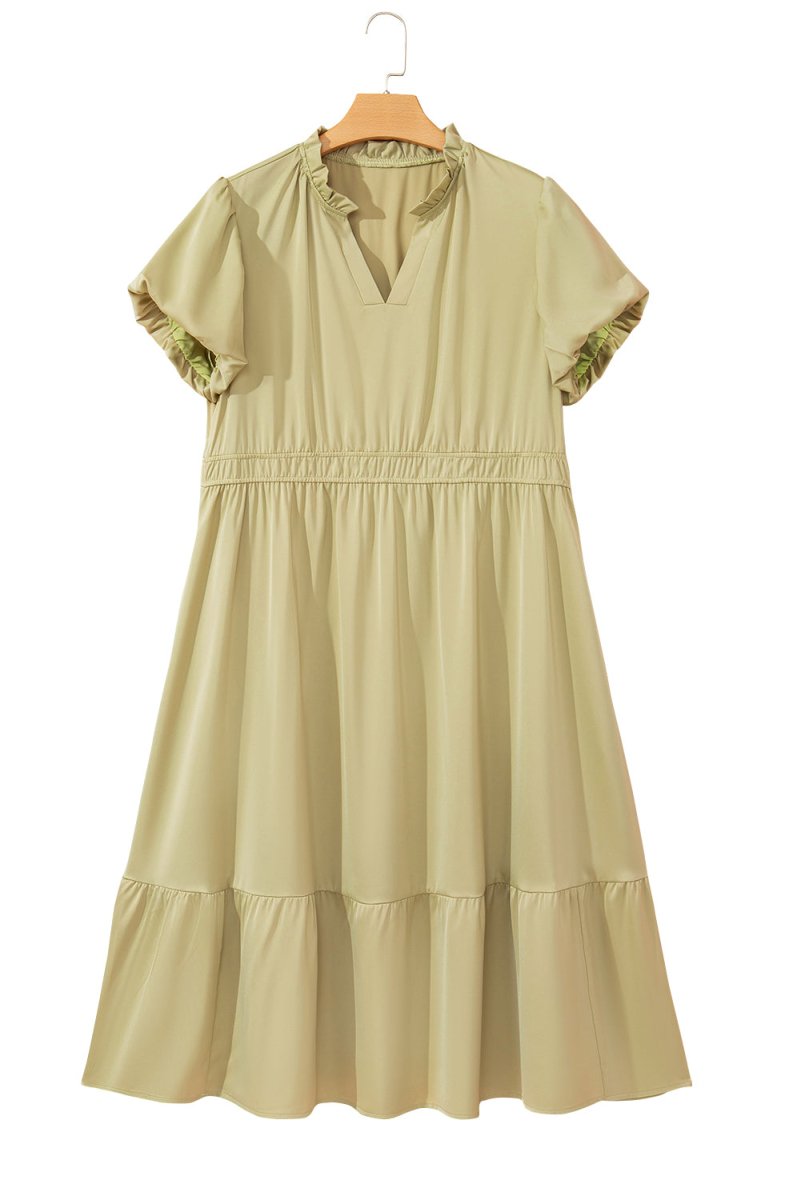 Laurel Green Puff Sleeve Plus Size Maxi Dress with Notched V Neck and Tiered Skirt - Love Salve