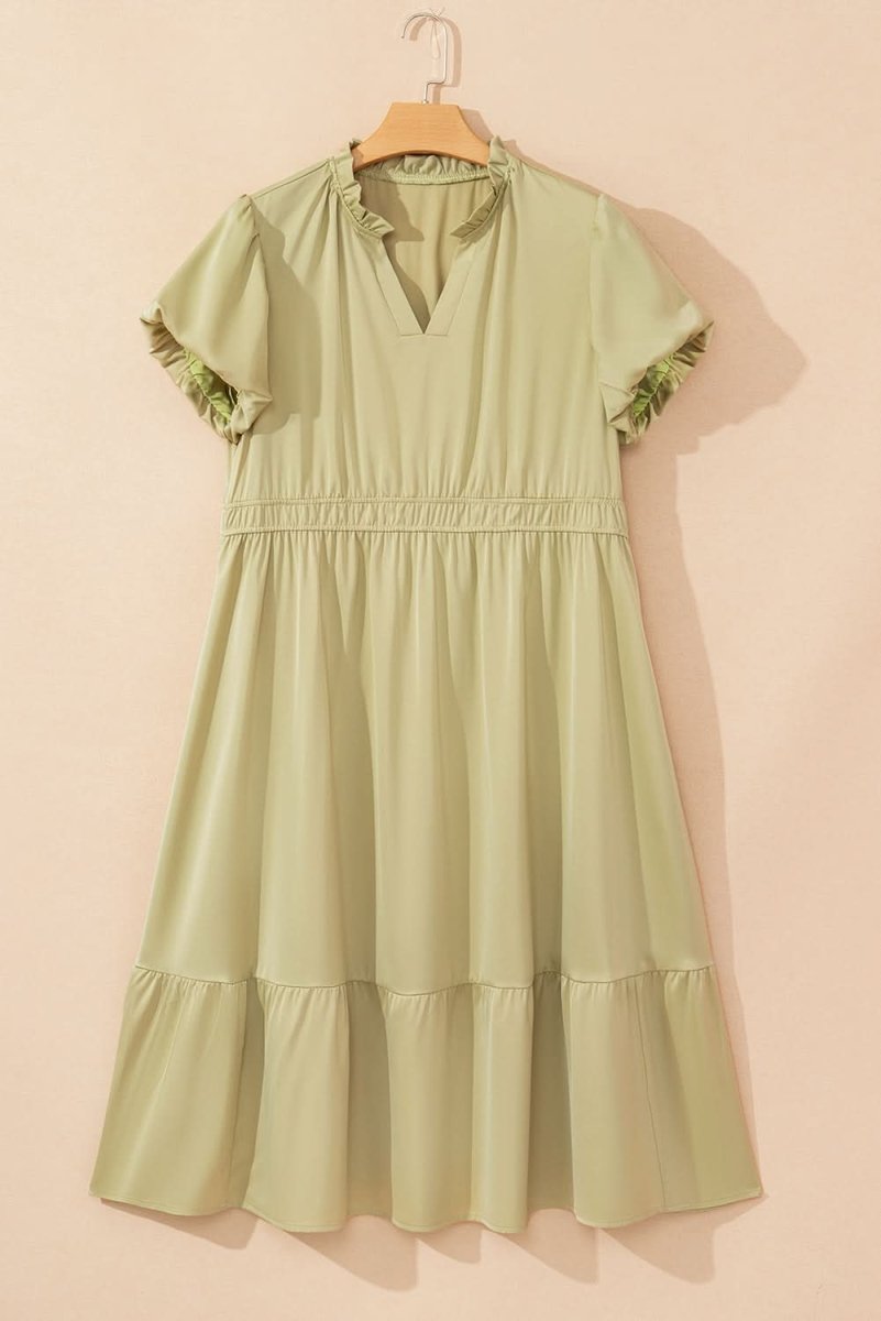 Laurel Green Puff Sleeve Plus Size Maxi Dress with Notched V Neck and Tiered Skirt - Love Salve