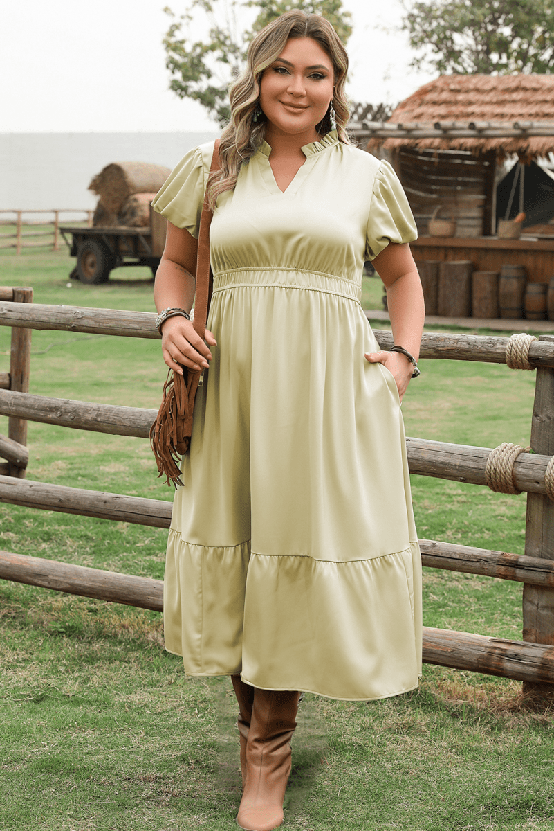 Laurel Green Puff Sleeve Plus Size Maxi Dress with Notched V Neck and Tiered Skirt - Love Salve