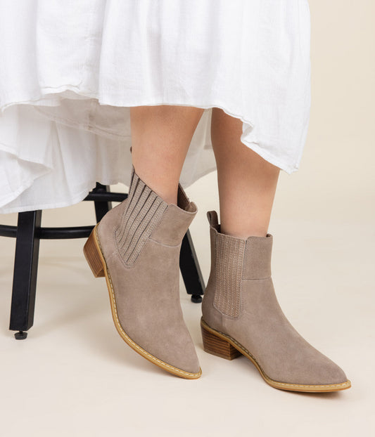 Leonor Suede Ankle Boot Taupe With Elastic Sides Pull Tab Naughty Monkey