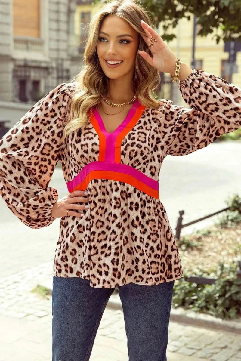 Leopard V-Neck Balloon Sleeve Blouse - Love Salve