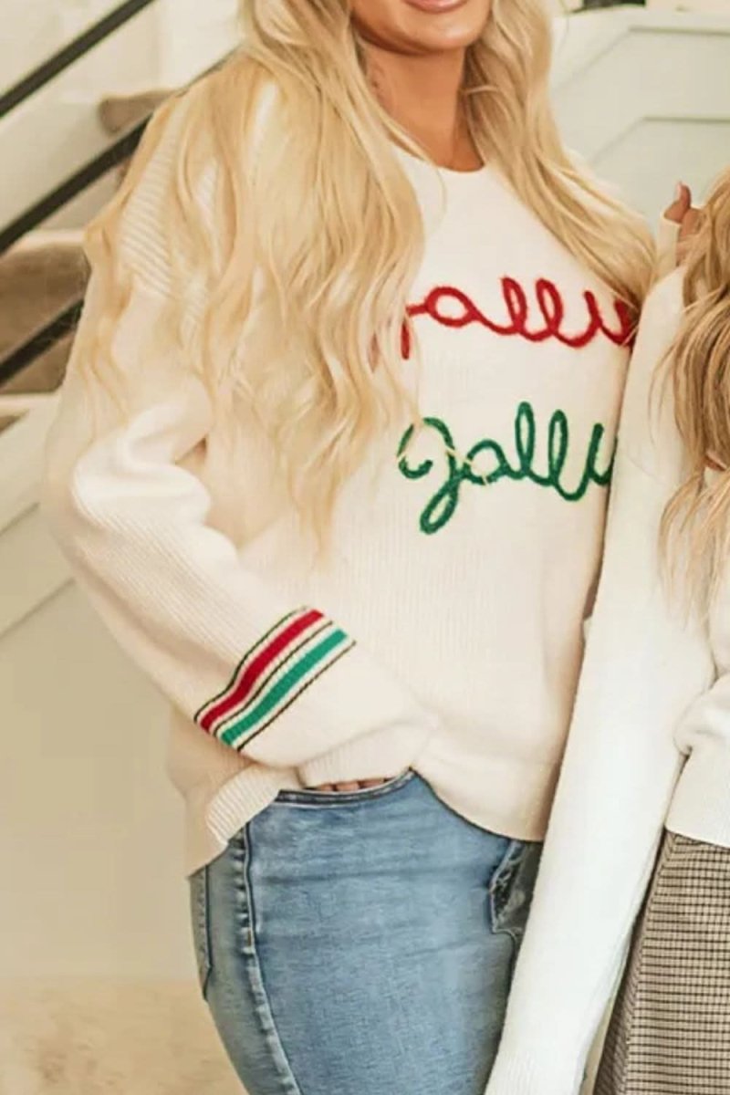 Letter Round Neck Long Sleeve Sweater - Love Salve