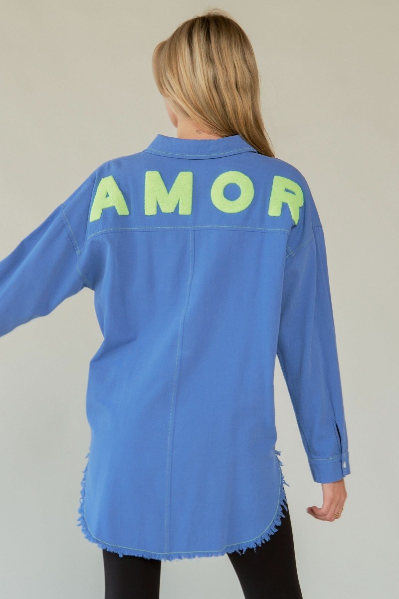 Lettered Back Raw Hem Button-Up Top - Love Salve