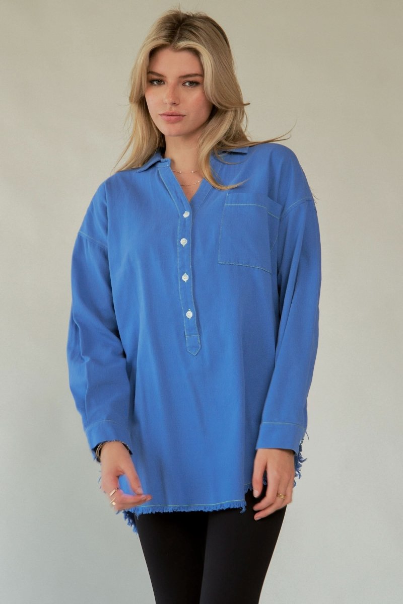 Lettered Back Raw Hem Button-Up Top - Love Salve