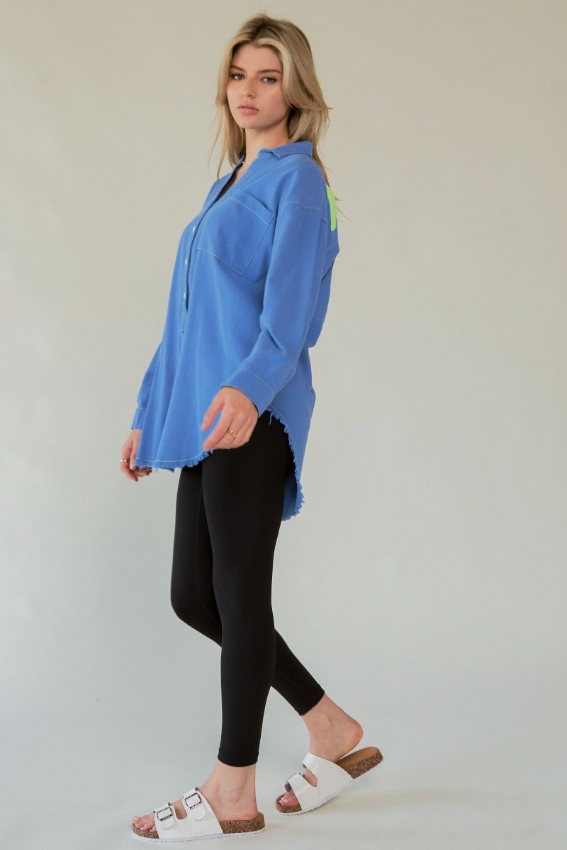 Lettered Back Raw Hem Button-Up Top - Love Salve