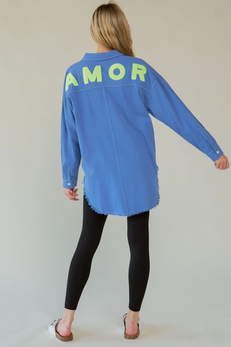 Lettered Back Raw Hem Button-Up Top - Love Salve