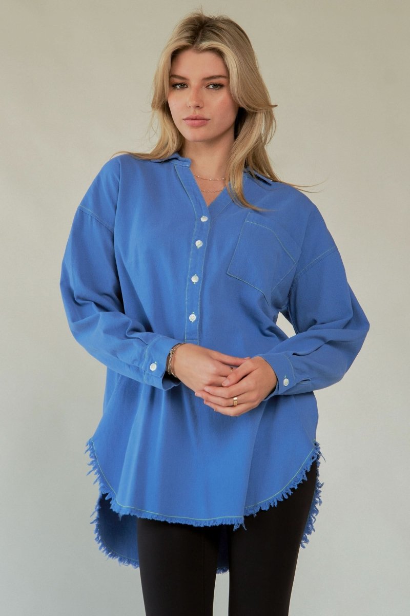 Lettered Back Raw Hem Button-Up Top - Love Salve
