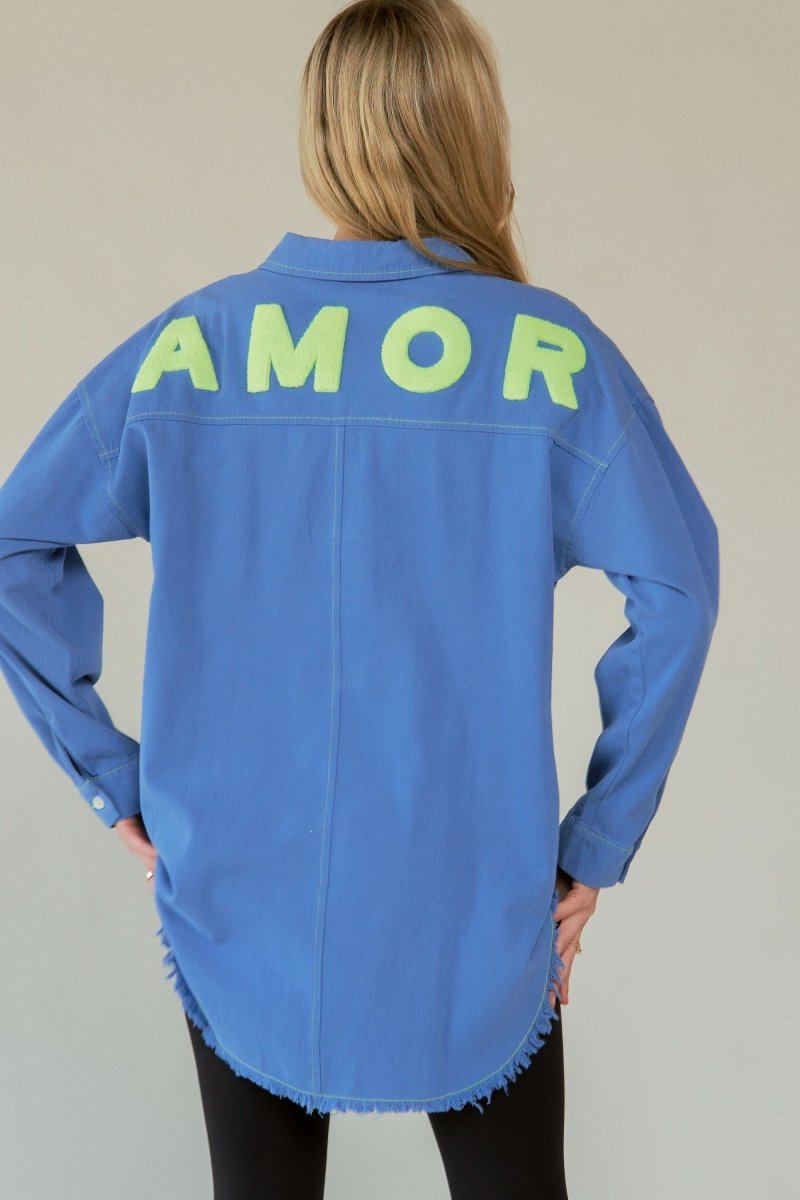 Lettered Back Raw Hem Button-Up Top - Love Salve