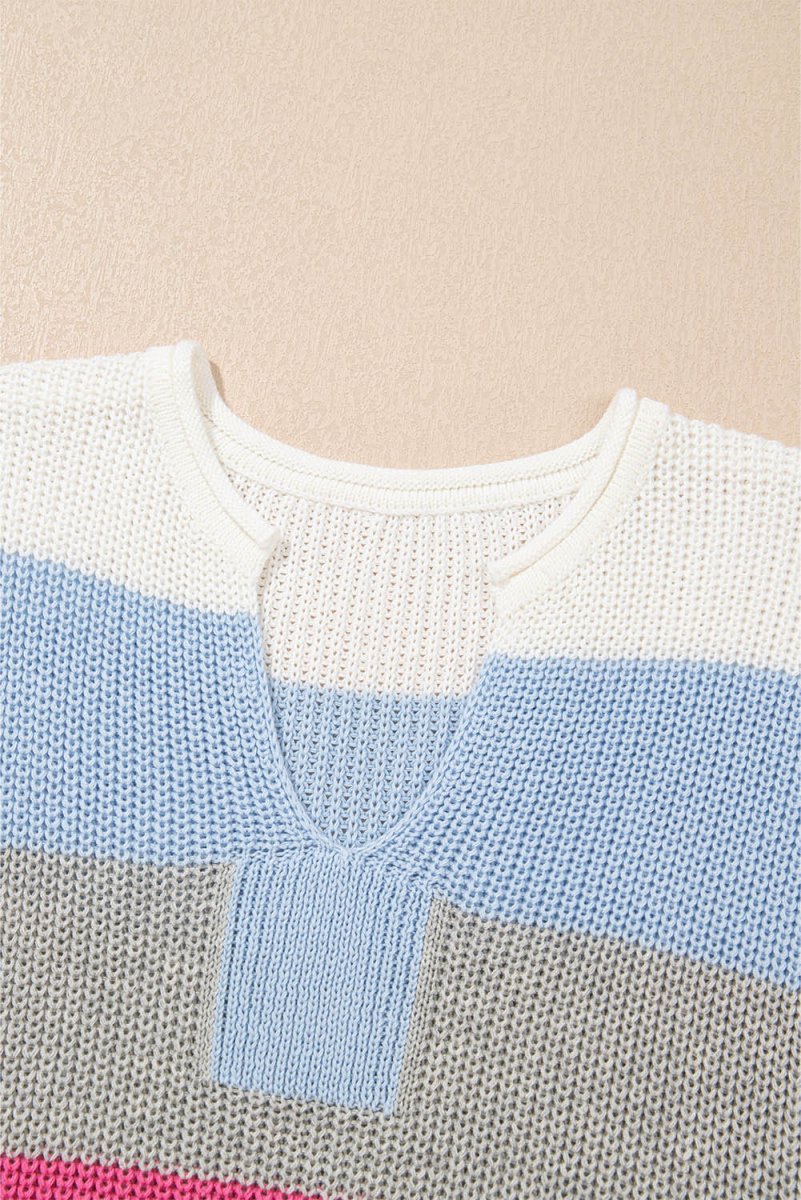Light Blue Color Block Notch V Neck Sweater T Shirt for Women - Love Salve