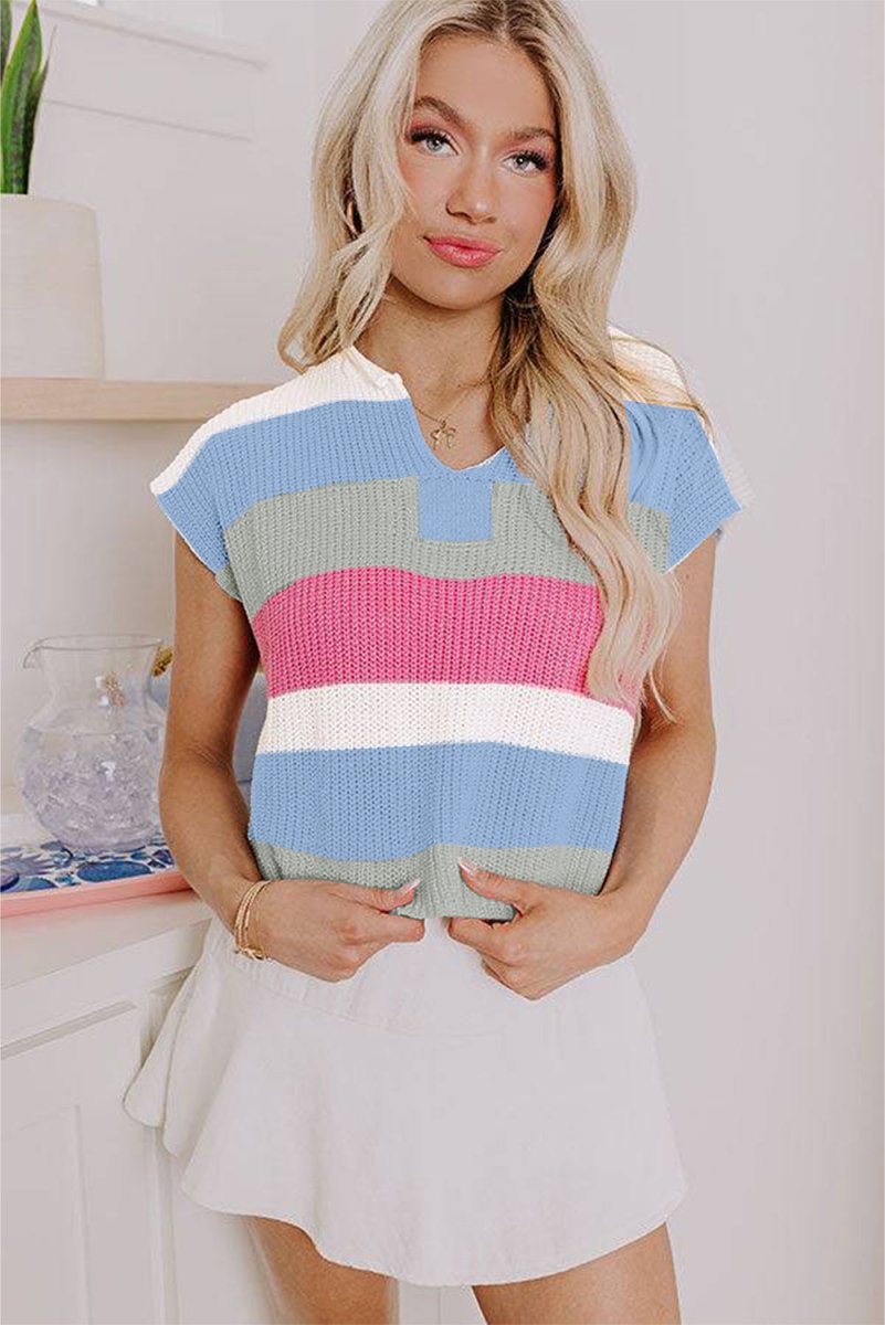 Light Blue Color Block Notch V Neck Sweater T Shirt for Women - Love Salve