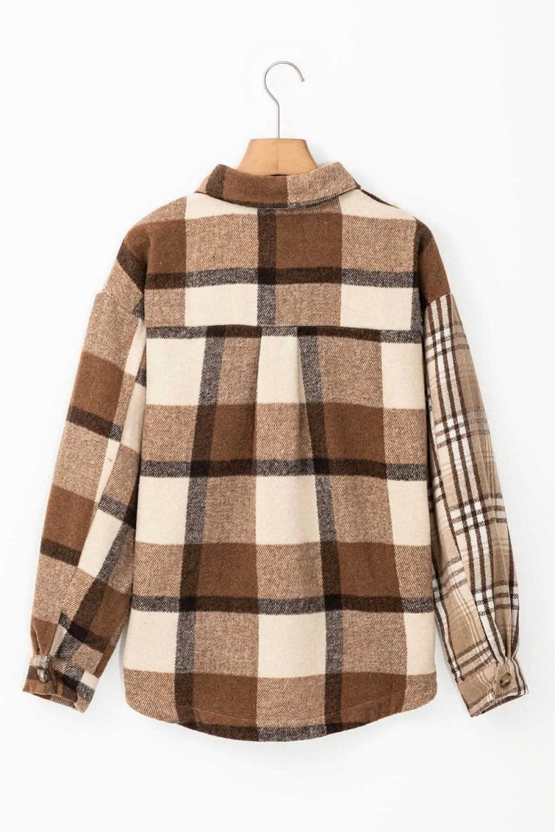 Light French Beige Flannel Plaid Double Flap Pocket Shacket - Love Salve