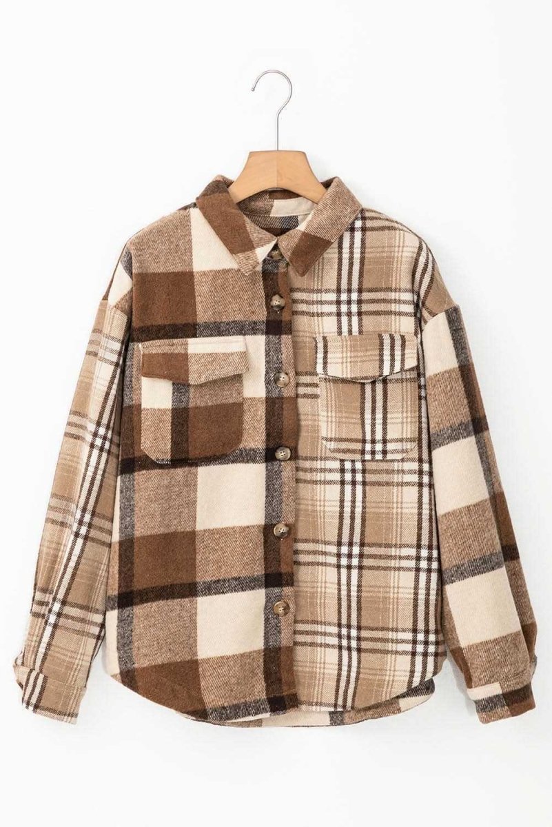 Light French Beige Flannel Plaid Double Flap Pocket Shacket - Love Salve