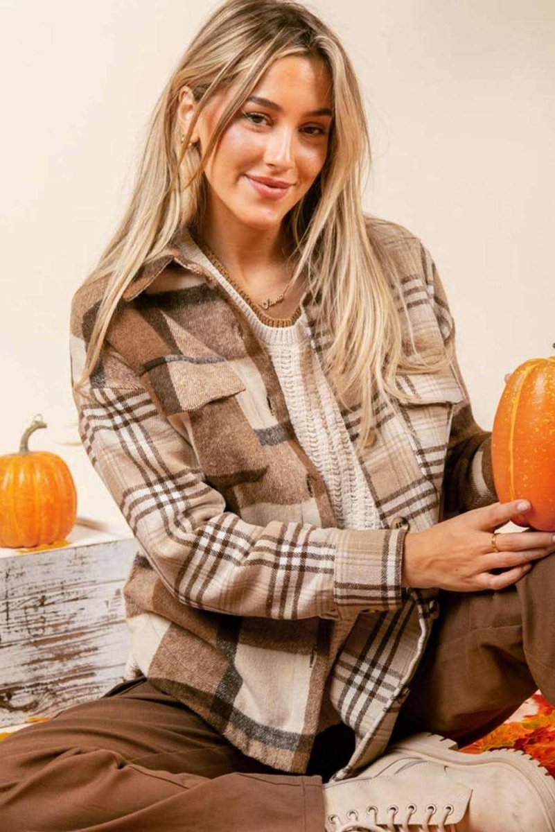 Light French Beige Flannel Plaid Double Flap Pocket Shacket - Love Salve