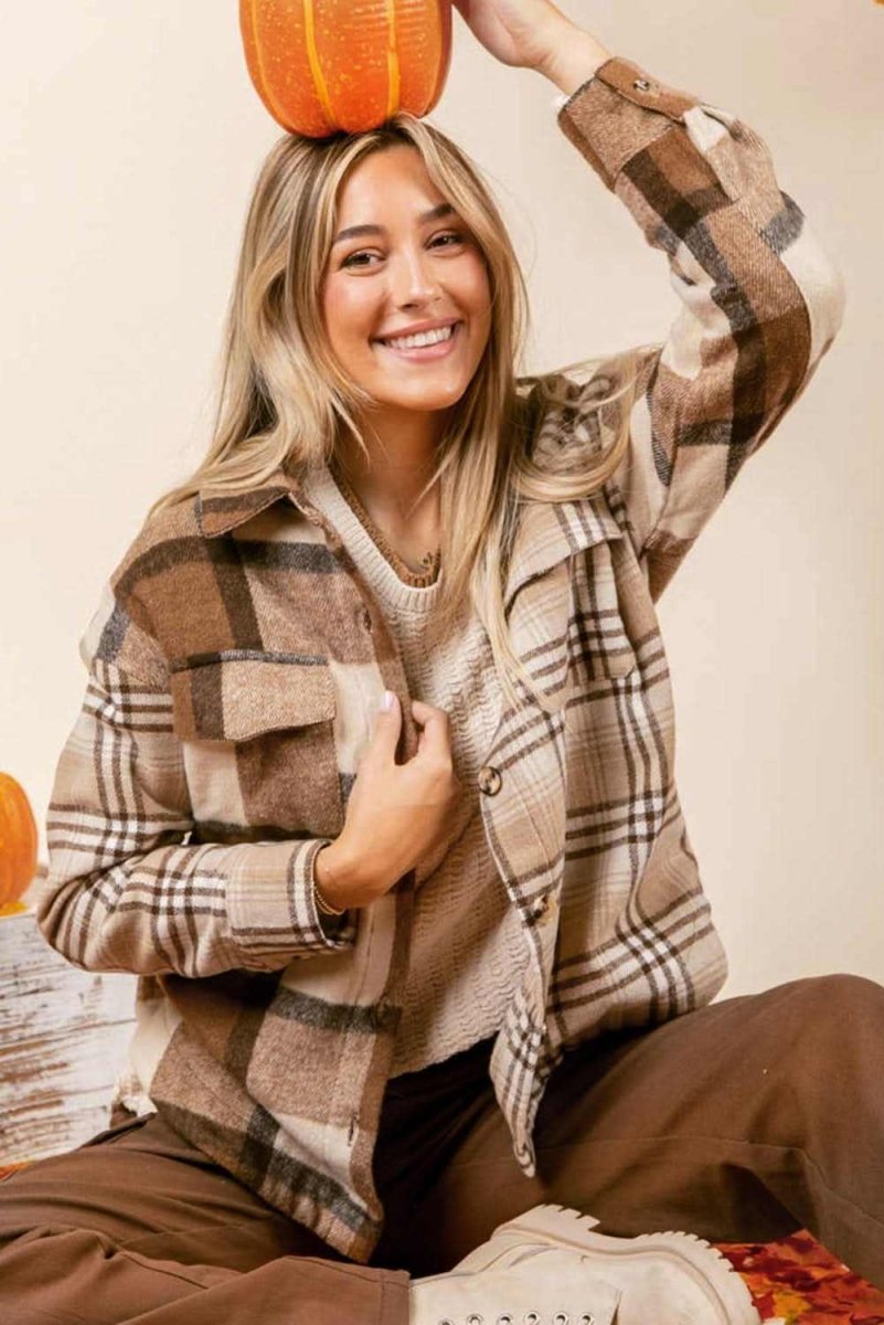 Light French Beige Flannel Plaid Double Flap Pocket Shacket - Love Salve