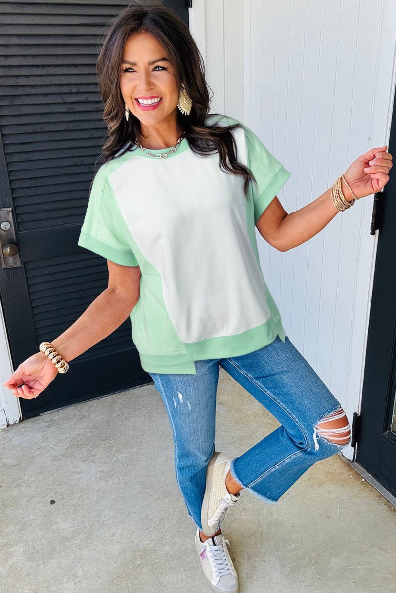 Light Green Color Block Exposed Seam Crew Neck T Shirt - Love Salve