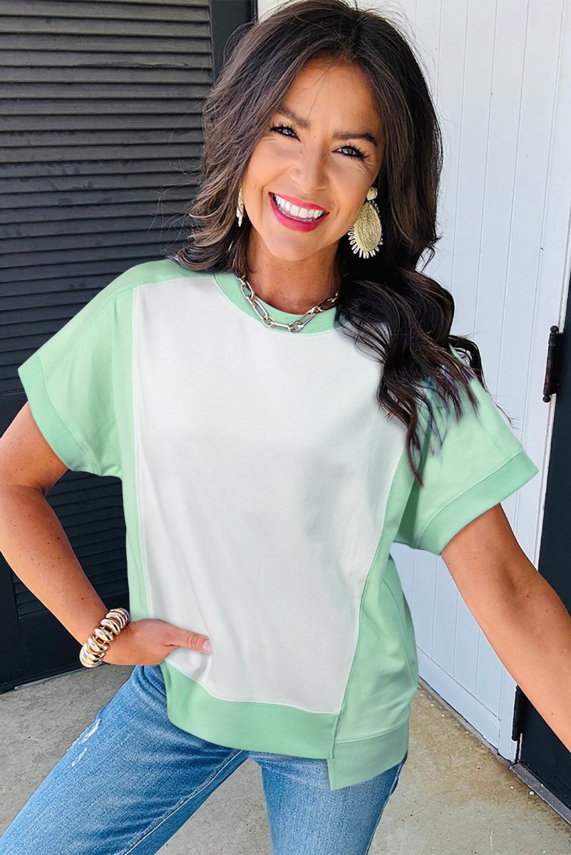 Light Green Color Block Exposed Seam Crew Neck T Shirt - Love Salve