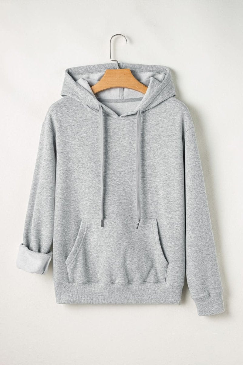 Light Grey Solid Color Fleece Lined Drawstring Hoodie with Pocket - Love Salve
