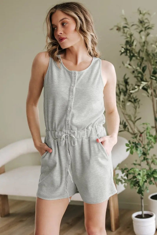 Light Grey Waffle Knit Sleeveless Buttoned Front Drawstring Waist Romper - Love Salve