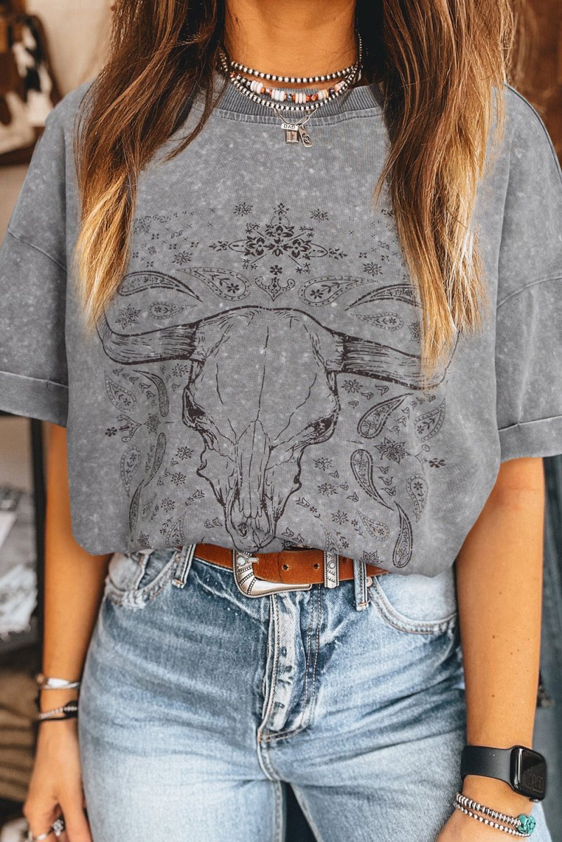 Light Grey Western Steer Head Tie Dye Print Crew Neck T Shirt - Love Salve