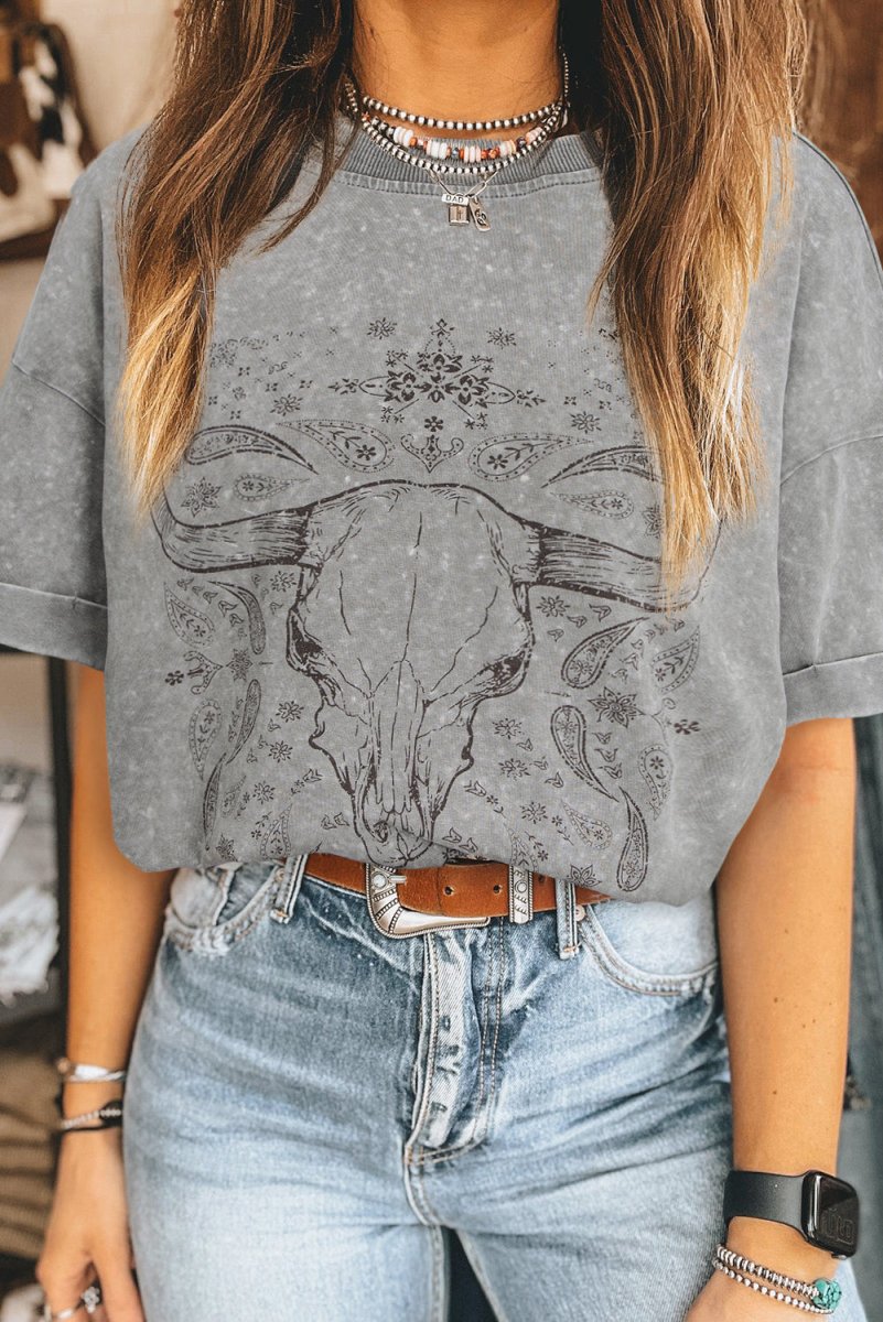 Light Grey Western Steer Head Tie Dye Print Crew Neck T Shirt - Love Salve