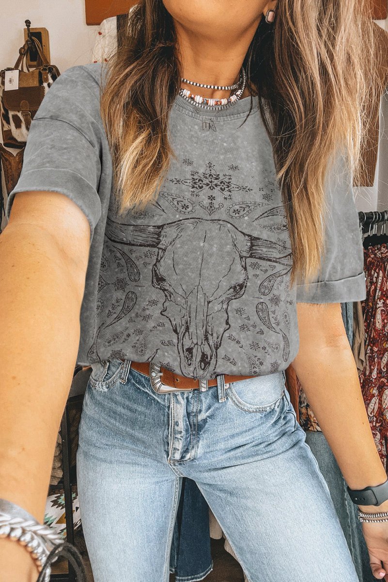 Light Grey Western Steer Head Tie Dye Print Crew Neck T Shirt - Love Salve